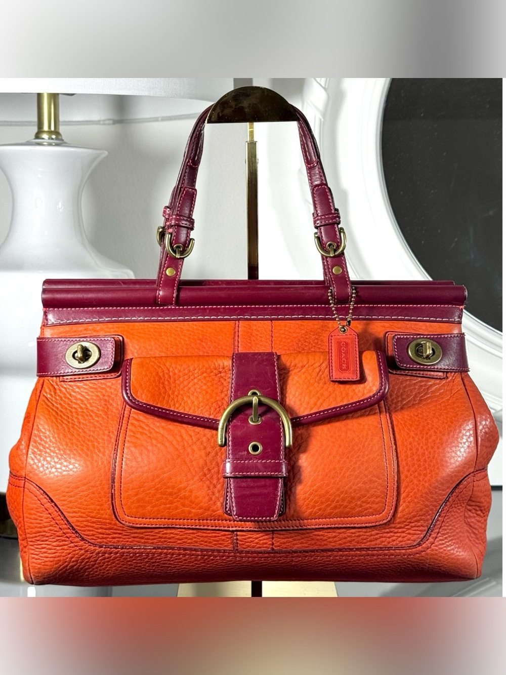 Vintage COACH Soho Dowel Top Leather Turnlock Satchel, Coral Orange Burgundy